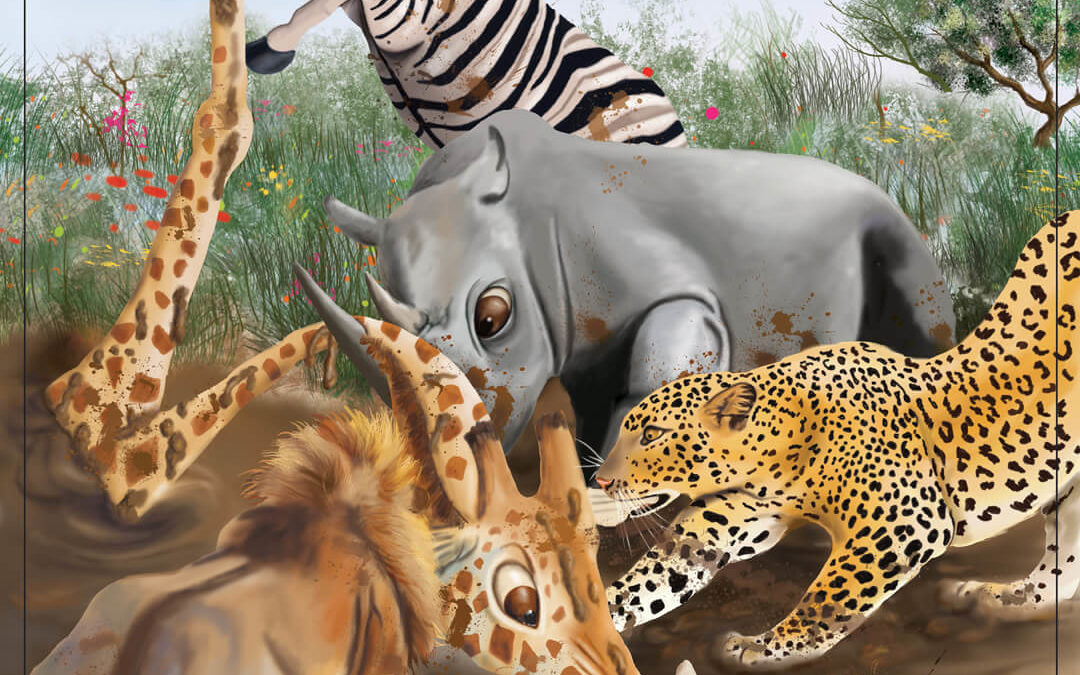Animals Rescuing Giraffe, African story, digital