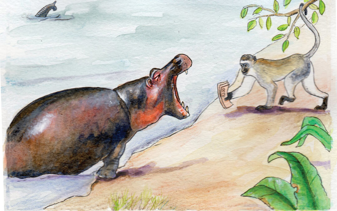 Educational story, Hippo, monkey & ellie, gouache