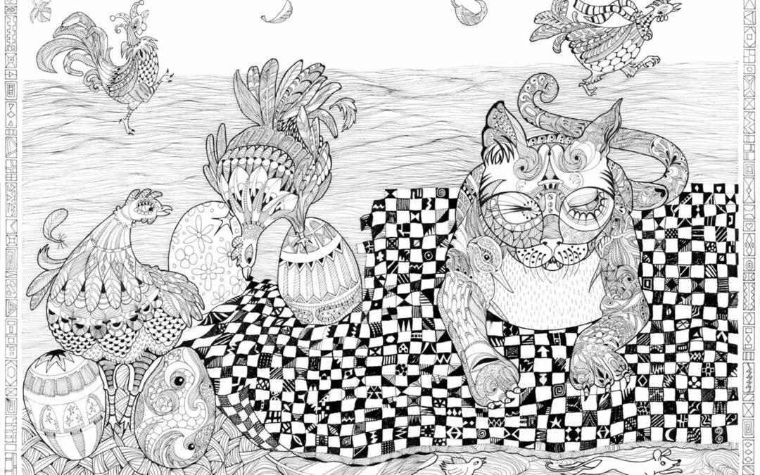 Fantasy colouring book Cat & Chickens, pen and ink