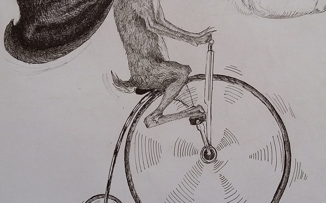 Hare on a bike, pen and ink