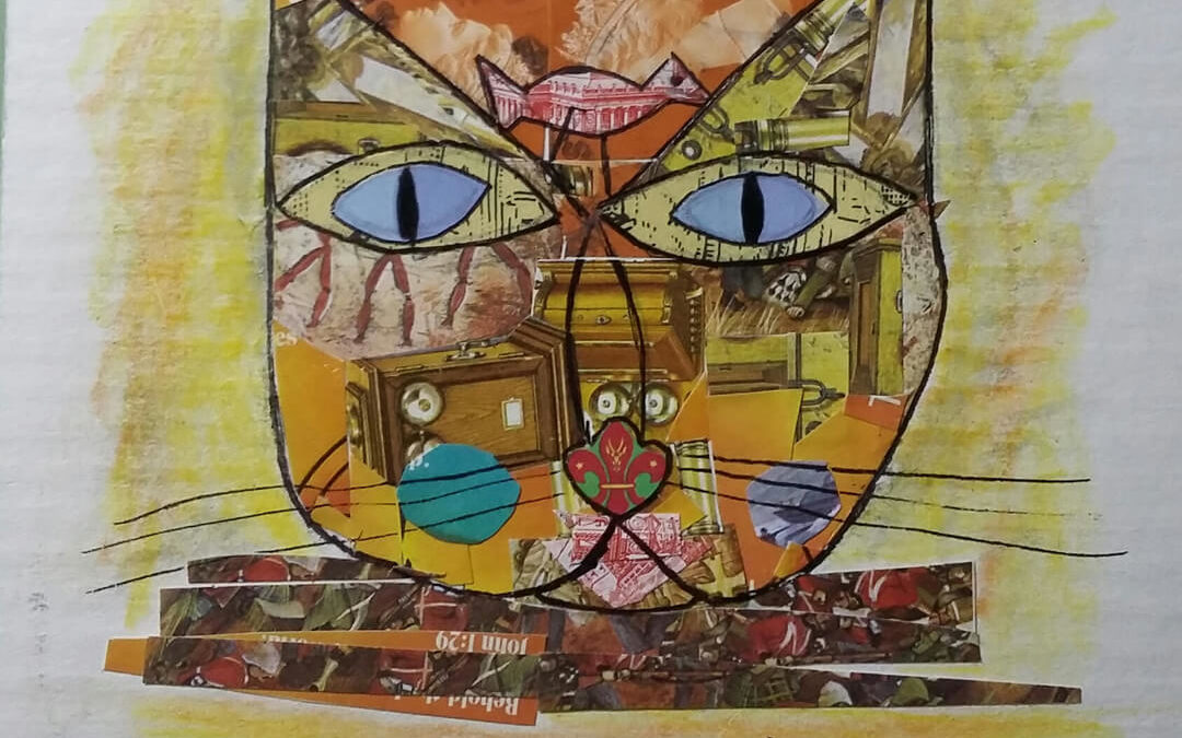 Sketchpack 2019, Cat and bird, postage stamps collage