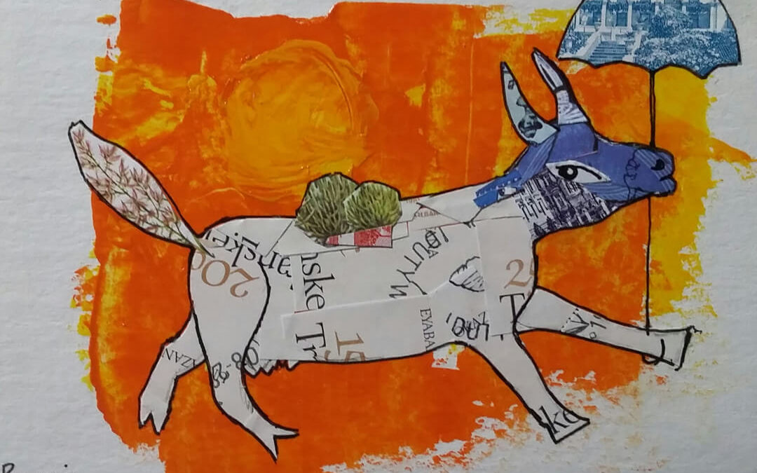 Sketchpack 2019, Cow with parasol, postage stamps collage