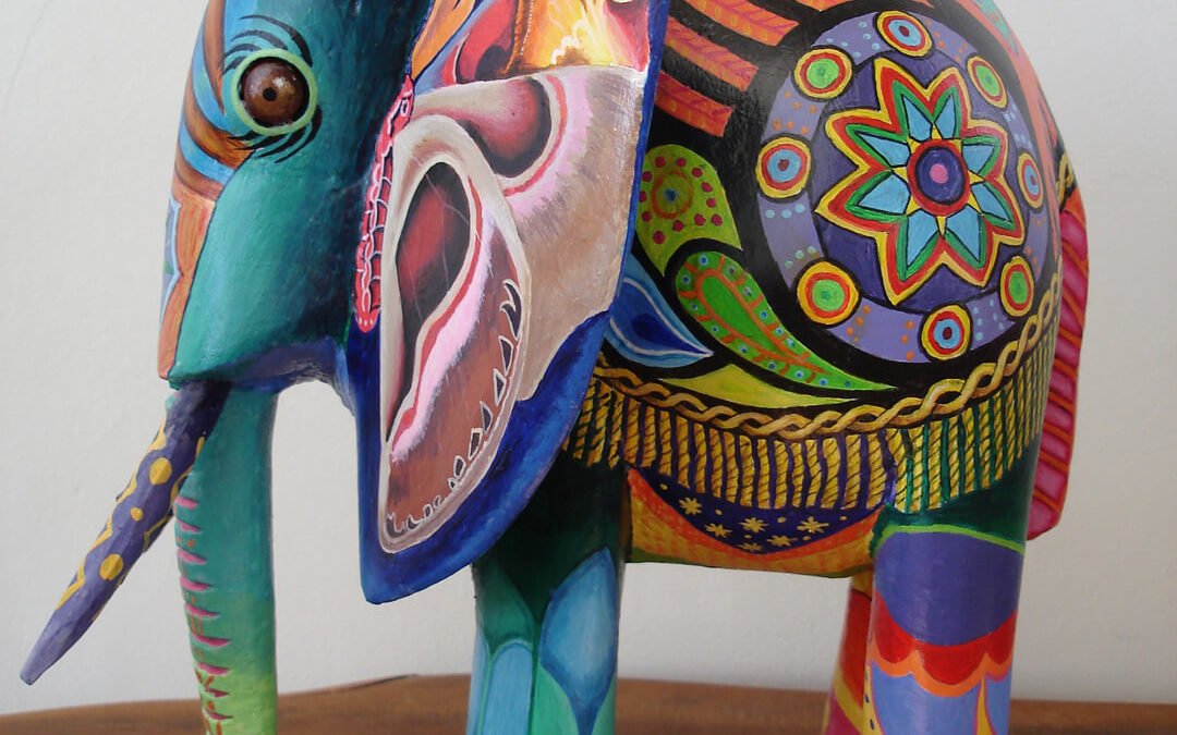 painted wooden elephant, acrylics