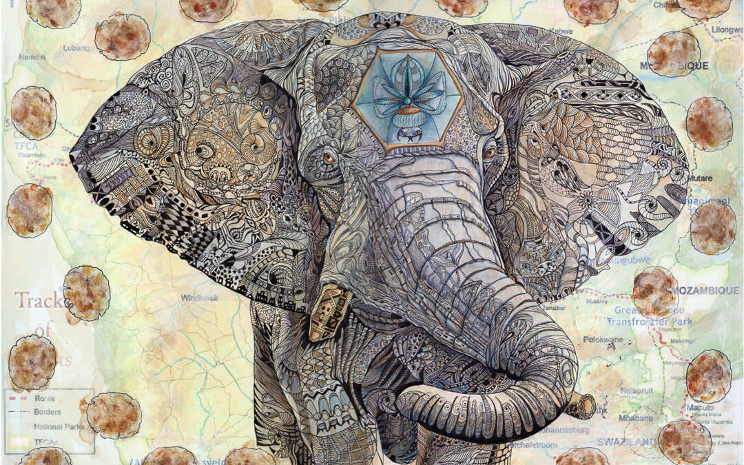 Elephant, painting on map, acylic inks