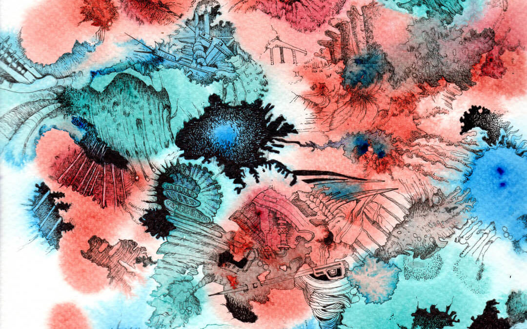 Fantasy doodle,acrylic inks and pen and ink