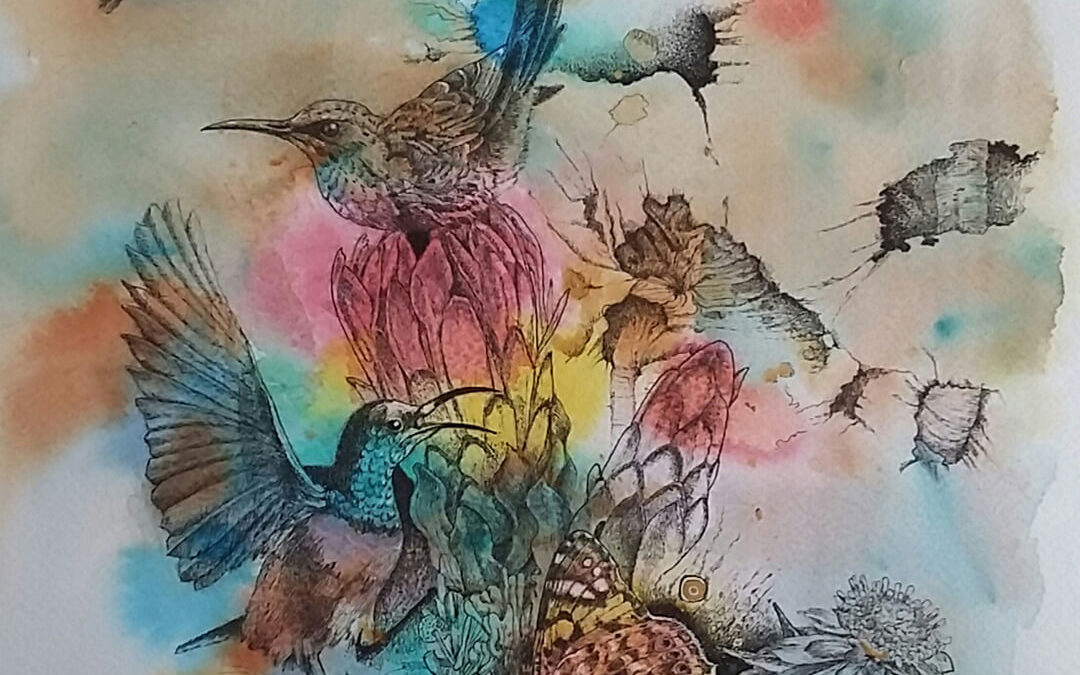 Fynbos Fantasy, acrylic inks with pen and ink