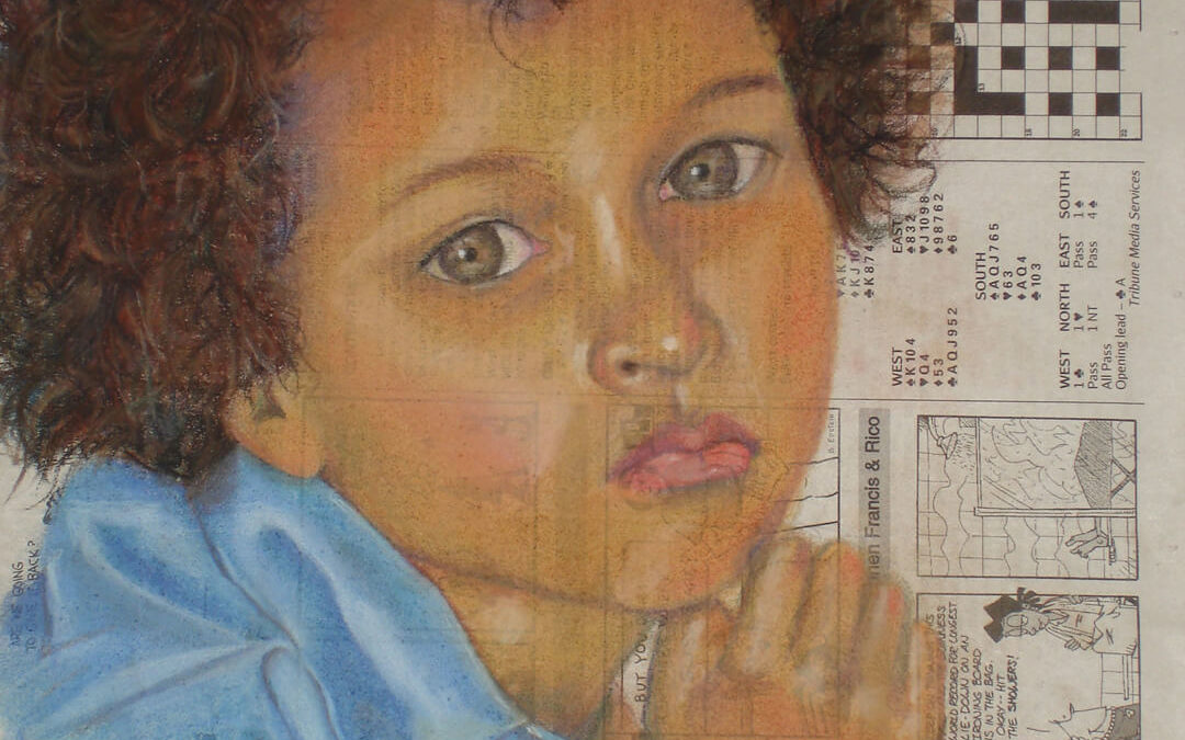 Little boy, pastel portrait on newspaper