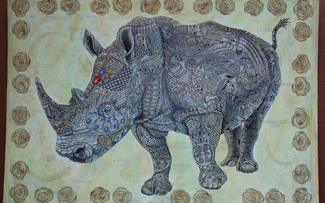 Rhino, acrylic inks with pen and ink on map